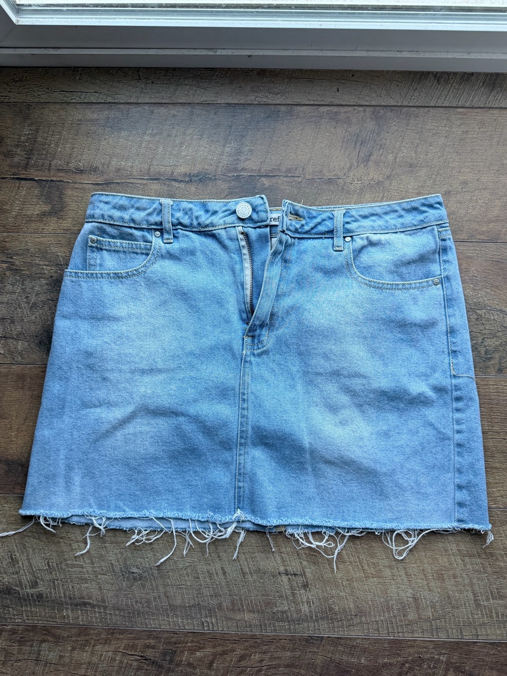 refuge Light Wash Denim Mini Skirt with Frayed Hem